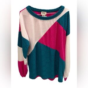 Bibi Colorblock Sweater in Pink Teal and White New with Tags Size XL
